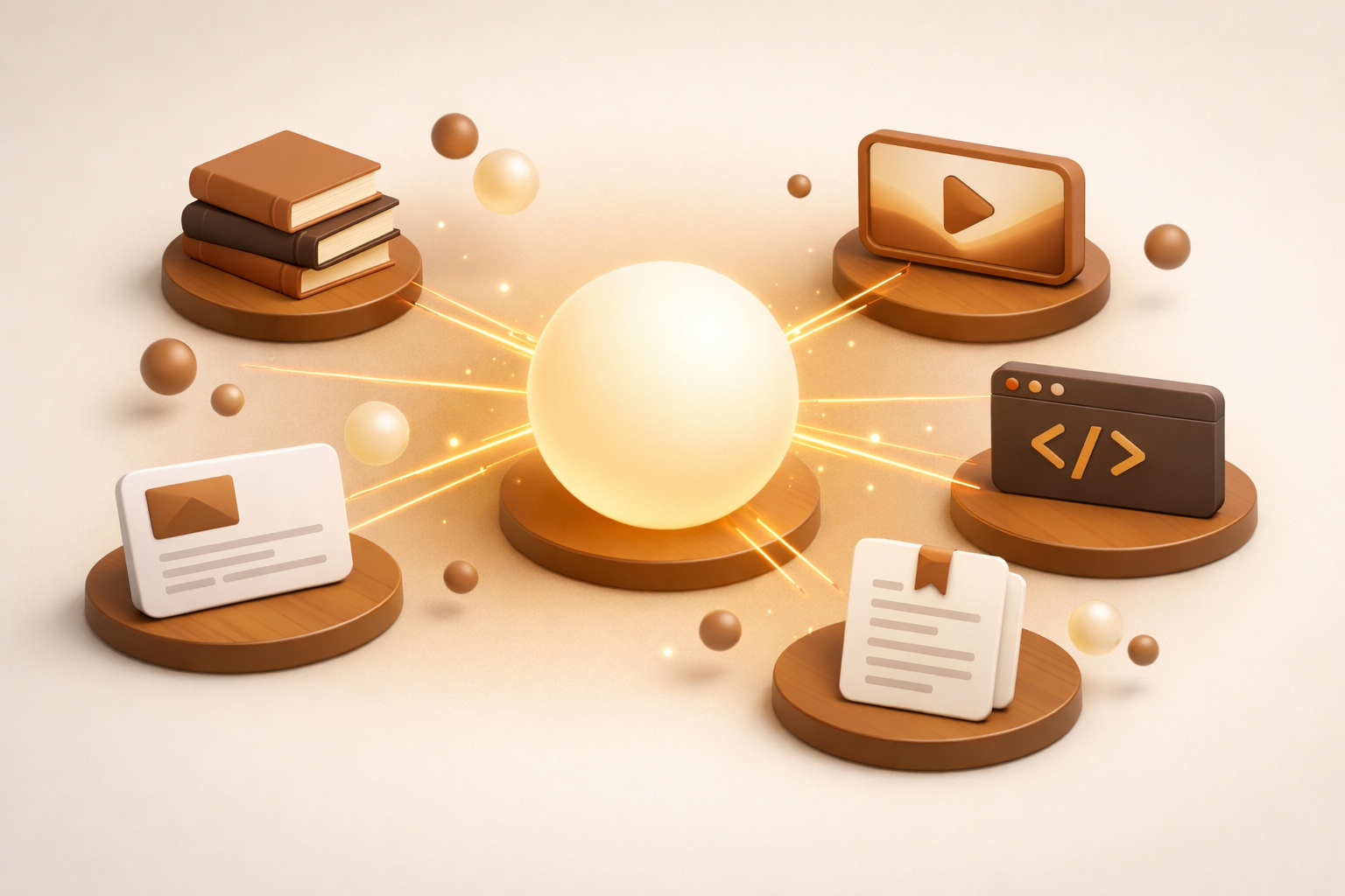 Knowledge nodes — books, videos, articles, and code connected through AI